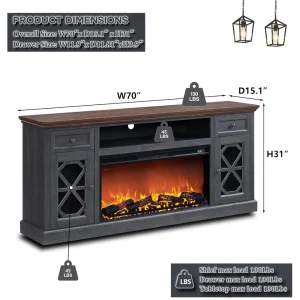 Farmhouse Fireplace TV Stand with 36" Electric Fireplace for 80 Inch TVs, 31" Tall Entertainment Center w/Drawer & Diamond Panel