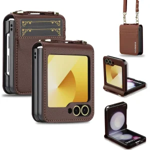 Wallet Crossbody Phone Case For Samsung Galaxy Z Flip 7 FE 6 5 4 3 Flip6 Flip7 5G with Card Holder Wrist Strap Lanyard Leather